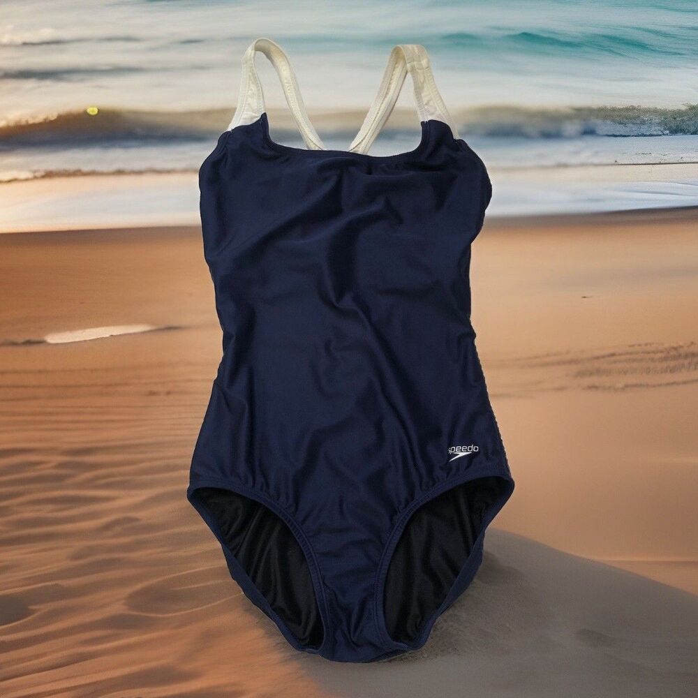 Speedo Women's One Piece Swimsuit Navy Blue White Contrast Straps Athletic 6
